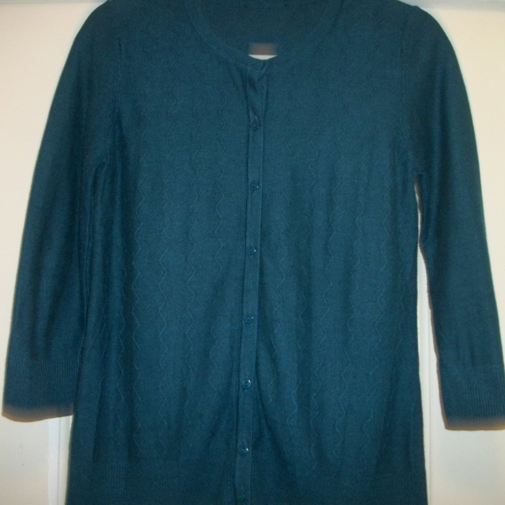 DARK TEAL BLUE ZIGZAG BUTTON UP SWEATER SM